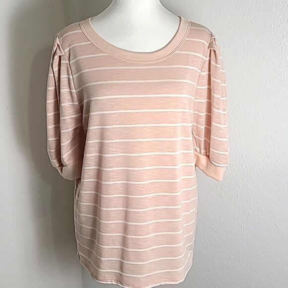BiBi Light Pink & White Stripe Pullover Top, Puffy Short Sleeves, Size XL - Picture 1 of 7